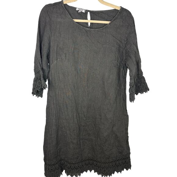 Stella Rosa Lace Crochet Trim Linen Dress Size Small Lagen Look Boho Gray Italy - Picture 1 of 6